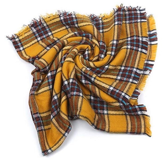 Large Tartan Plaid Blanket Scarf Yellow Brown - Picture 6 of 7